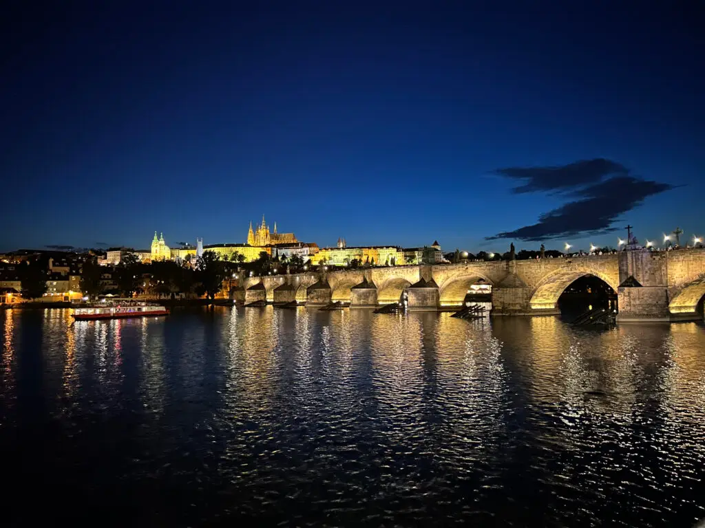 Night view of Prague Castle and Charles Bridge