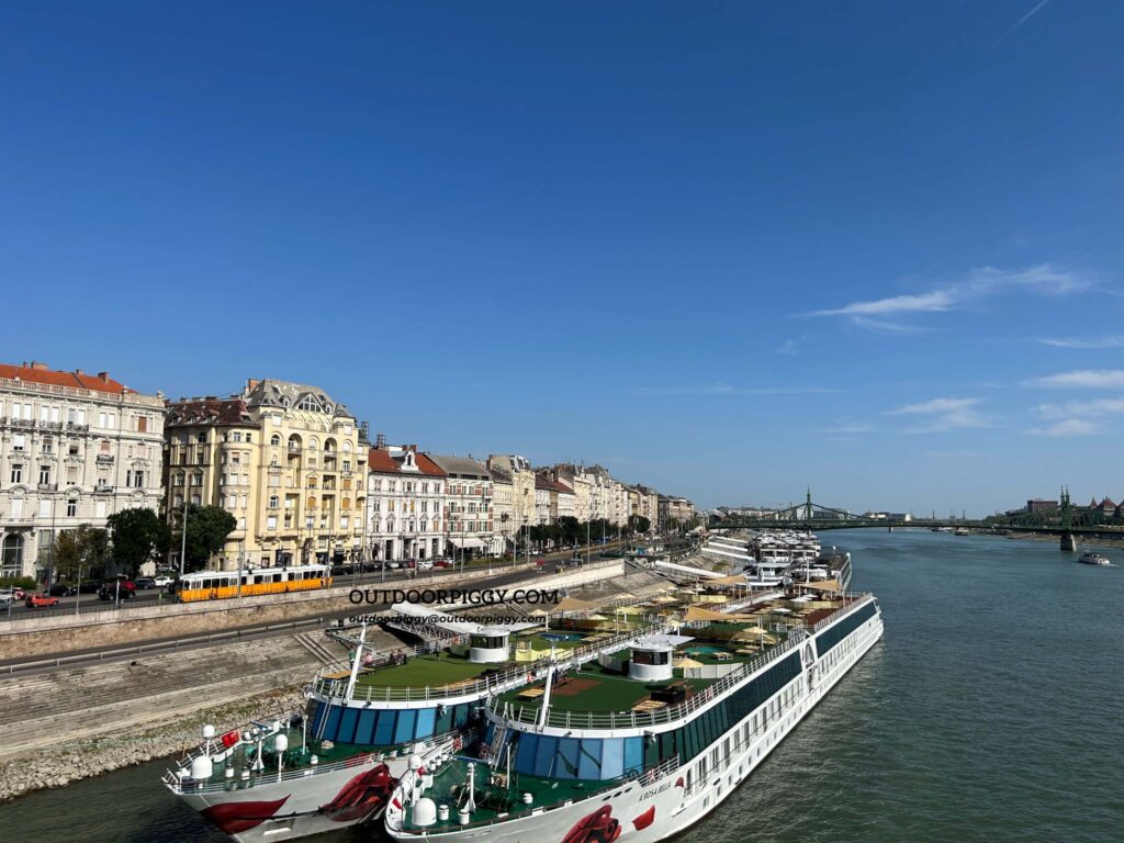 Budapest City and cruise ship seen from Széchenyi Bridge