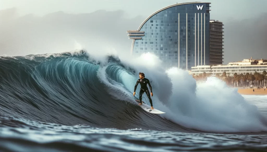 A surfer surfing at Barceloneta Beach, drawn by open aI.