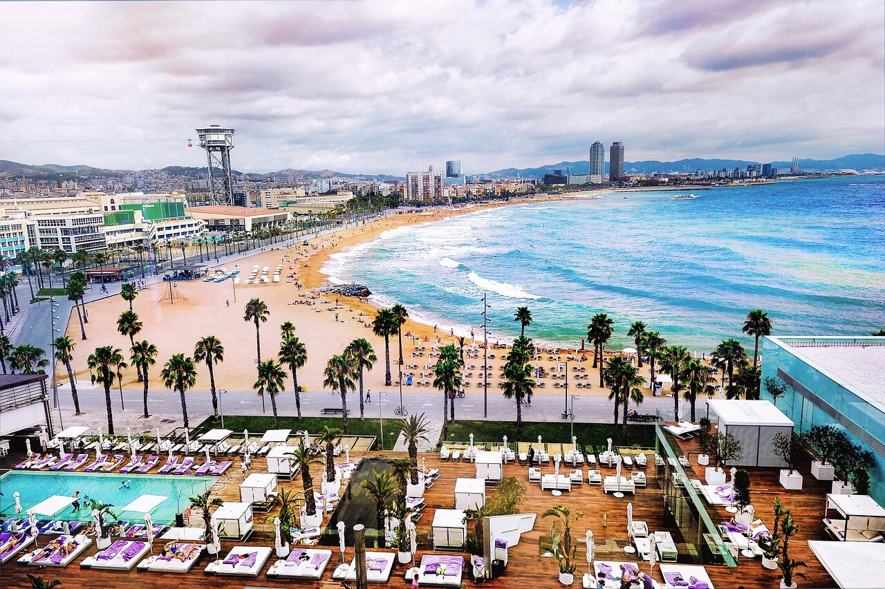Barceloneta beach with surfing as seen from the w hotel in Barcelona